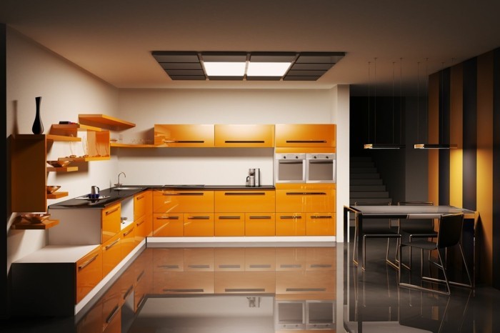 küche l-form orange küchenschränke und dunklerbodenbelig