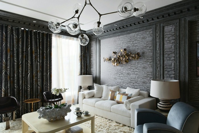 modern wohnen dunkle vorhänge und weißes sofa