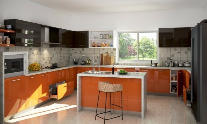 modulküche in orange mit kleiner kücheninsel