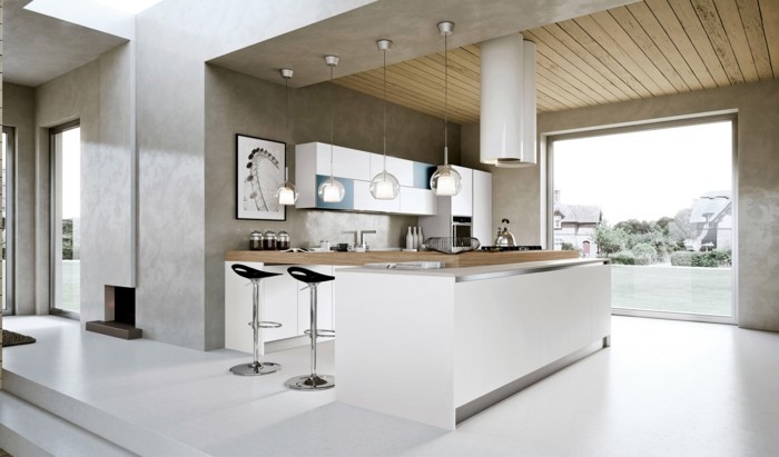 weiße küche mit schönen wänden und wandbildern