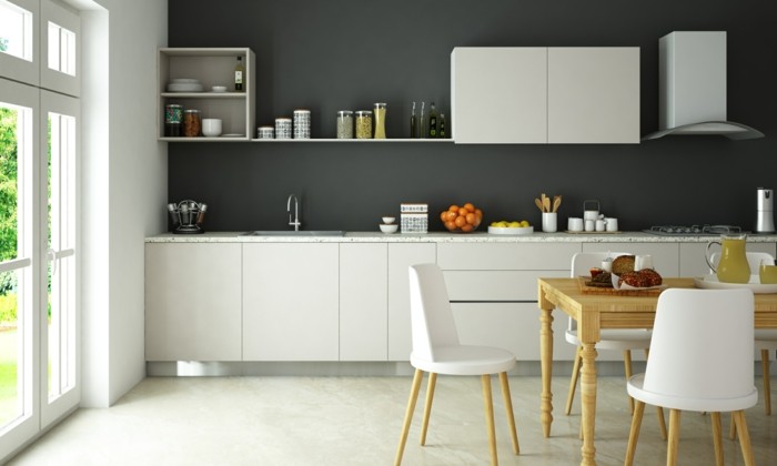 wohnideen küche weiße module und graue wand bilden einen schönen farbkontrast