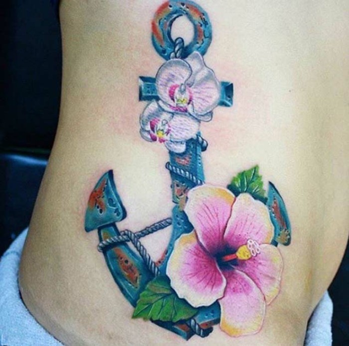 anker tattoo bunt 3d mit hibiskus und orchideen