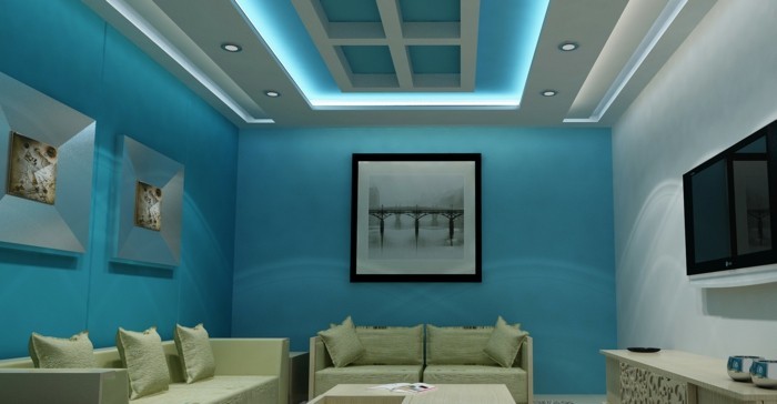 deckengestaltung im wohnzimmer ausgefallene beleuchtung und blaue wände