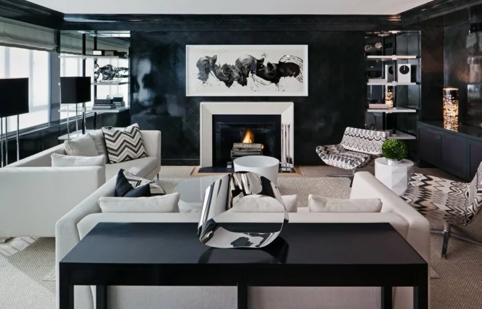 dekoideen wohnzimmer weiß schwarzes interieur mit kamin und stilvolle muster
