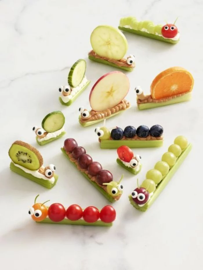 Fingerfood für Kindergeburtstag - Schnecken und Raupen aus Obst und Gemüse 