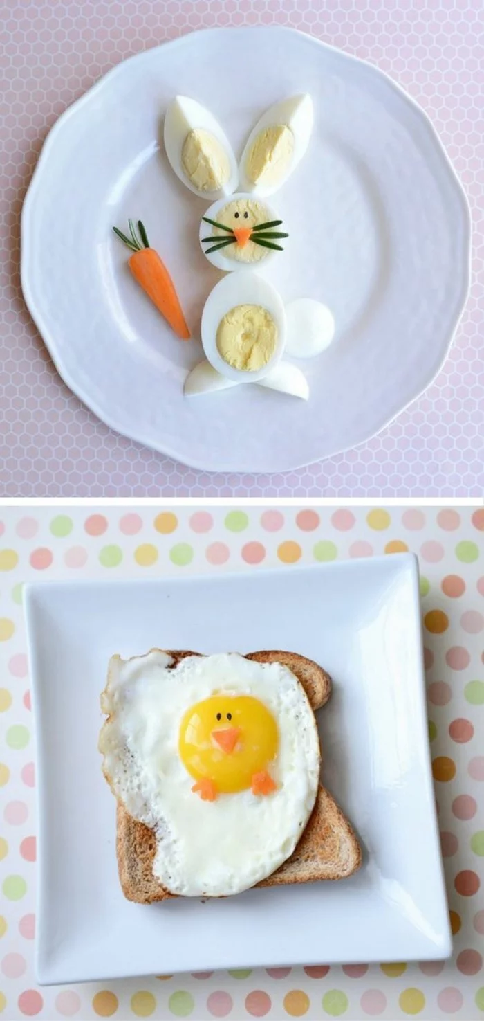 originelles Frühstück für Kinder mit Eiern in Form von Hasen und Küken 