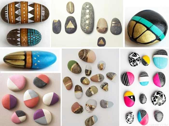 geometrische Motive auf Steinen mit Farben bemalt 