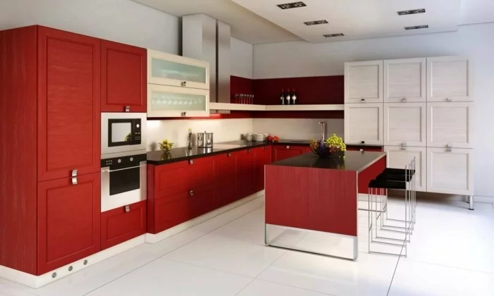 moderne küchen rote küchenschränke und weiße bodenfliesen