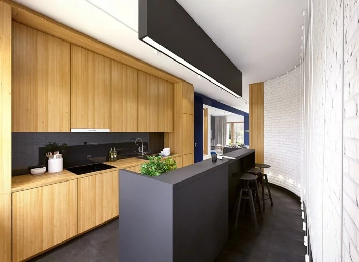 moderne küchen schwarze kücheninsel holzelemente