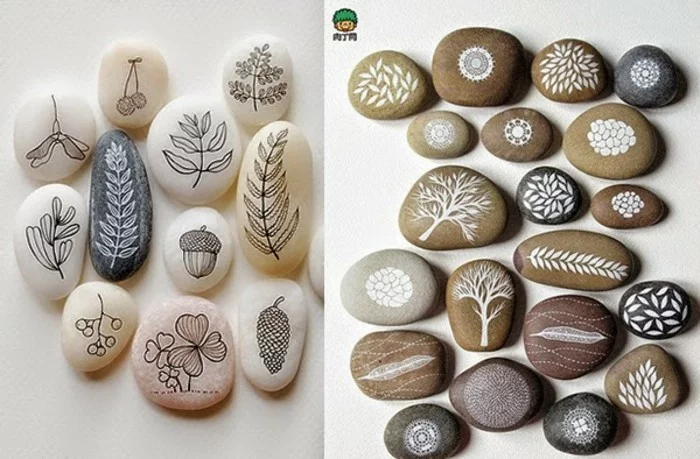 Zeichnungen von Blättern auf ovalen Steinen 