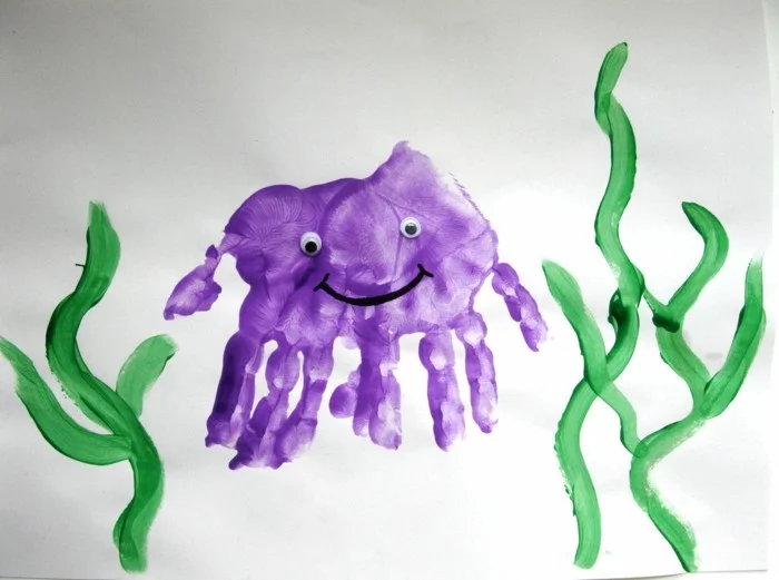 Handabdruck Bilder Oktopus in Lila mit Augen und Mund