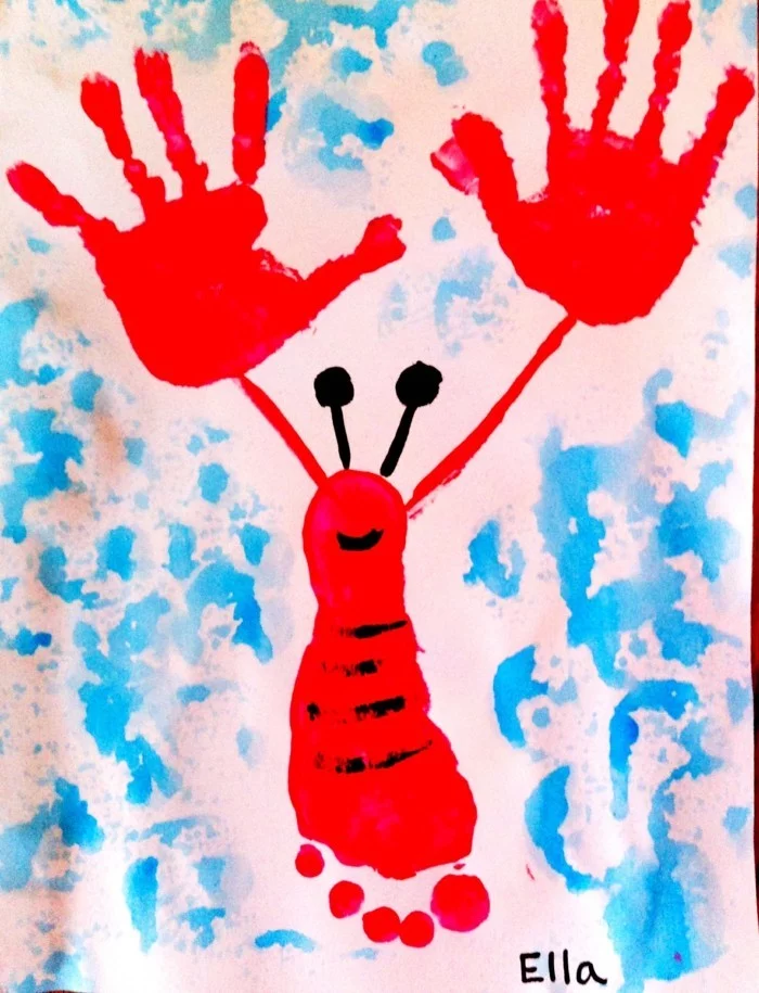 Krabbe aus Hand- und Fußabdrücken in Rot 
