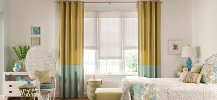 Schlafzimmer Gardinen in Farbkombination von Gelb und Hellgrün
