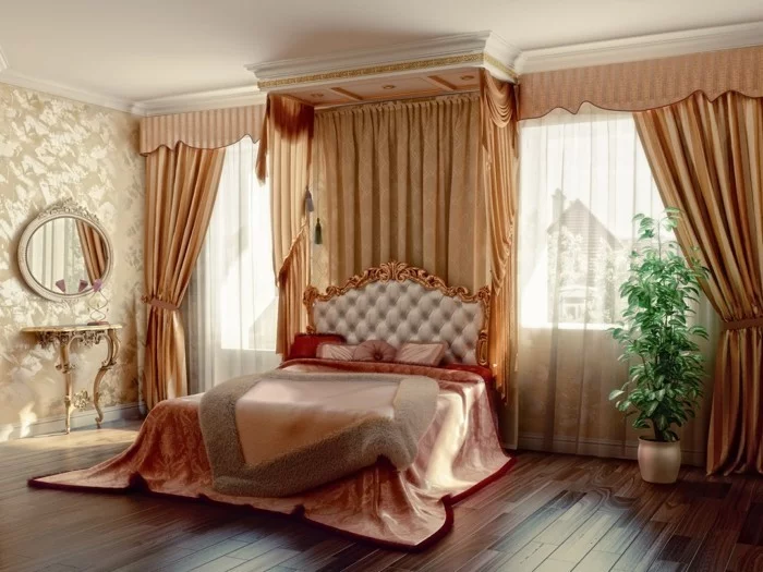 Schlafzimmer Gardinen mit einem luxuriösen Design und schöner Holzboden