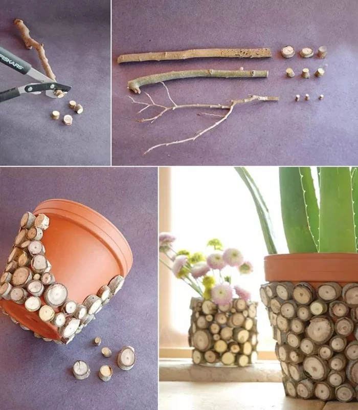 Gartendeko basteln und Blumentöpfe mit winzigen Holzscheiben dekorieren