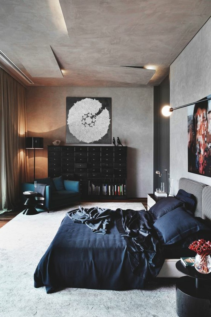 schlafzimmergestaltung mennlicher look in blau grau