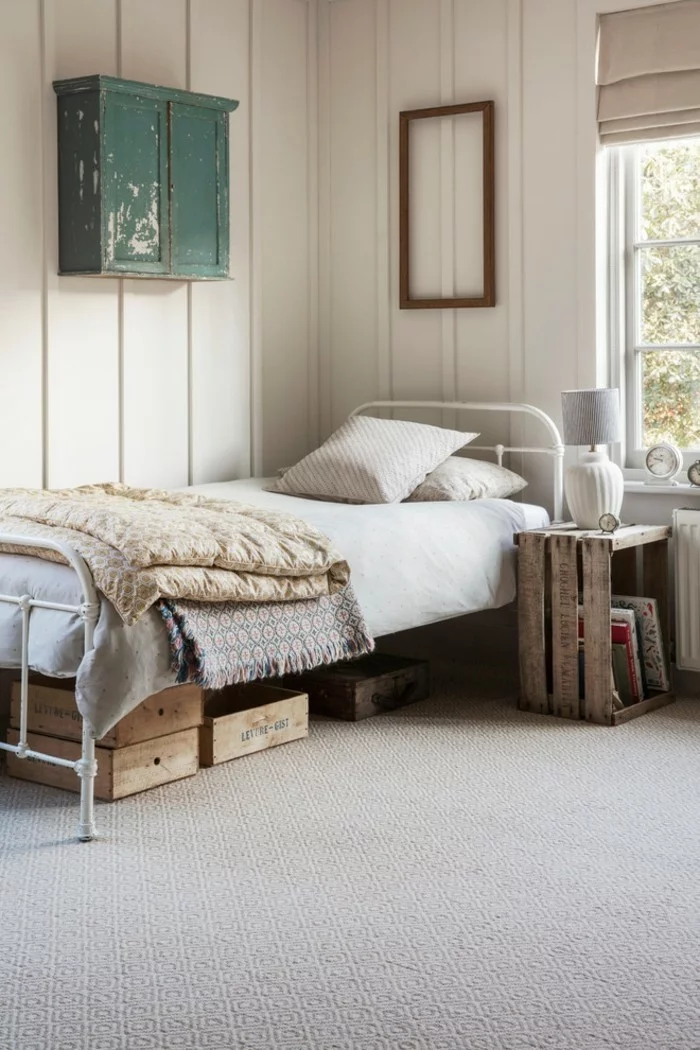 ideen zu wollteppich im schlafzimmer beige kombination mit rustikalen elementen