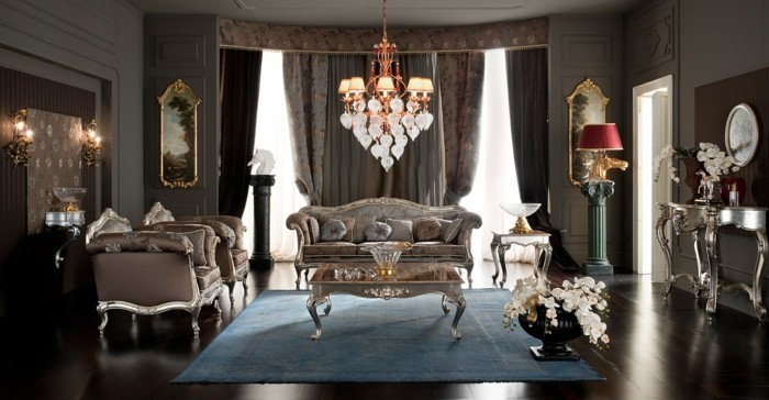 wohnideen wohnzimmer klassischer stil schicke gardinen und hellblauer teppich