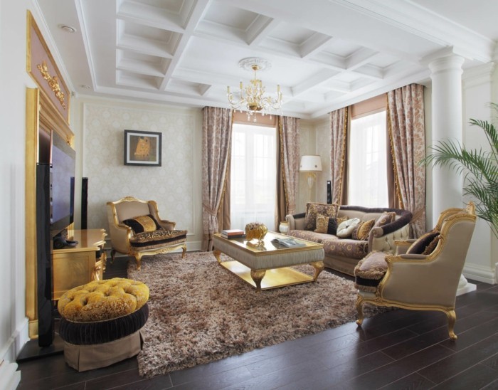 wohnideen wohnzimmer klassisches wohnzimmer mit braunem teppich und goldenen elementen