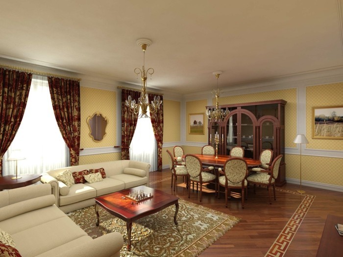 wohnzimmer einrichten ideen im klassischen stil mit wandgestaltung in gelb und langen gardinen