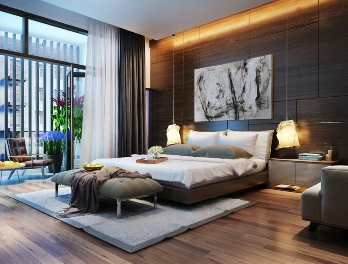 modernes schlafzimmer indirekte beleuchtung hellgrauer teppich