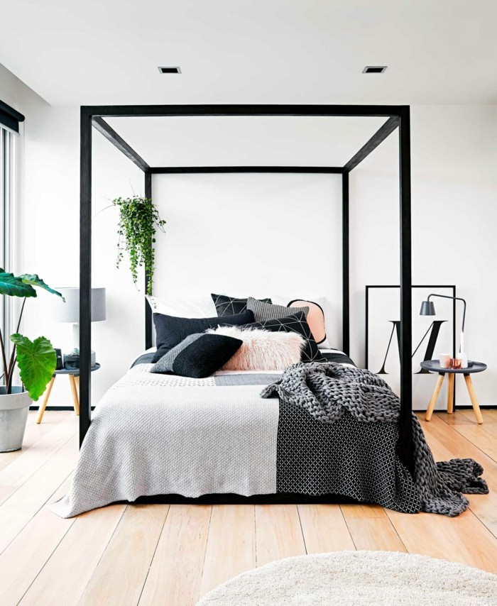 modernes schlafzimmer schöne stoffmuster kombinieren holzboden dekokissen