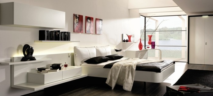 modernes schlafzimmer weiß schwarz rote akzente