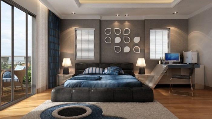schlafzimmer einrichten modernes bett schöne akzentwand blaue akzente