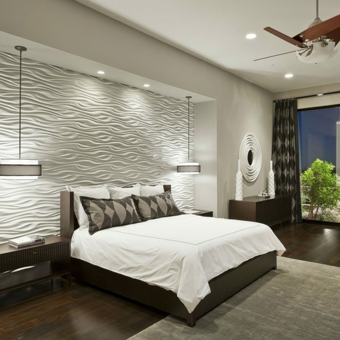 schlafzimmer einrichten weiß braun schöne textur akzentwand