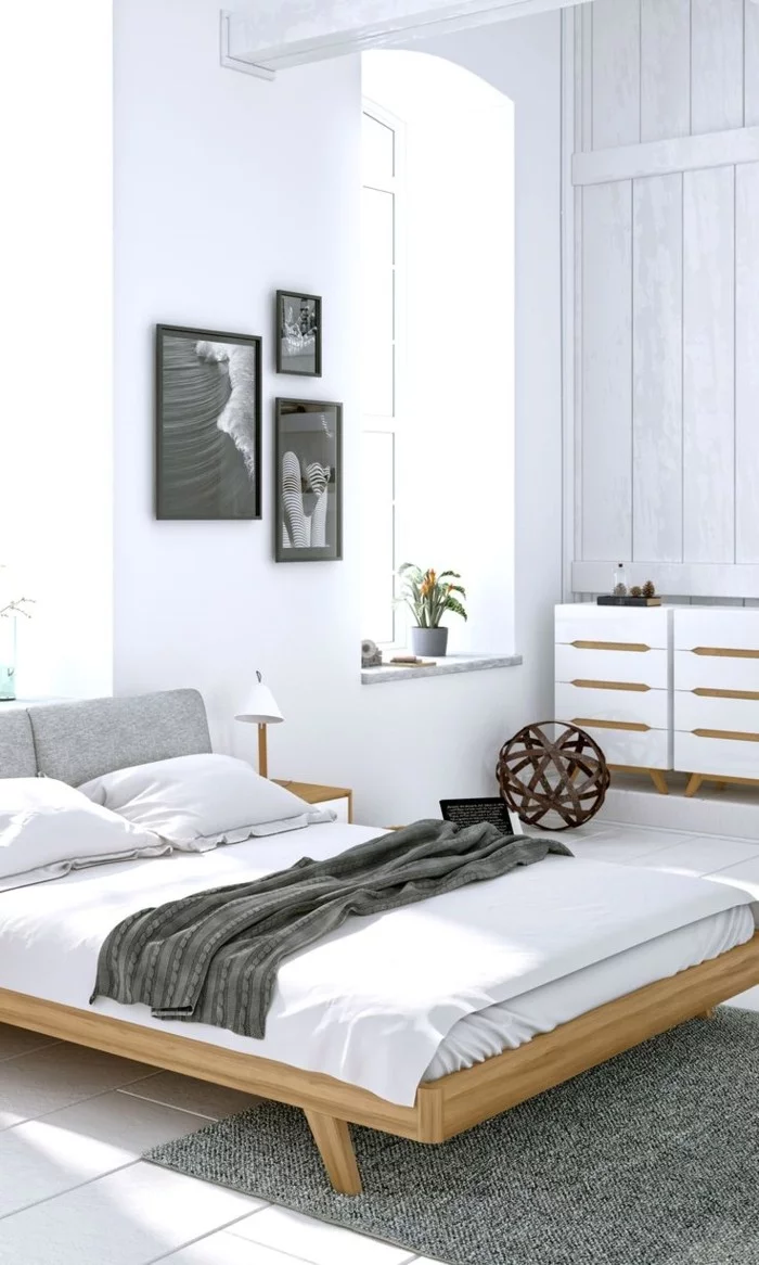 schlafzimmer ideen weiße wände weiße bettwäsche grauer teppich