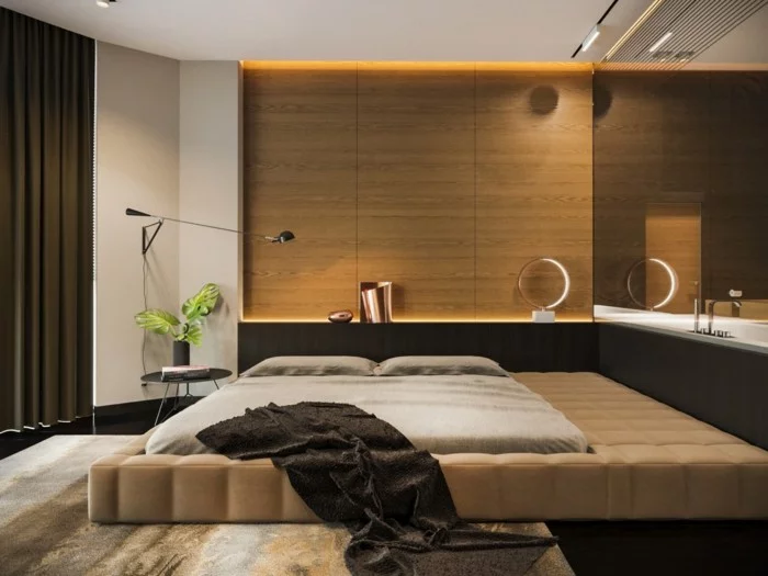 wandverkleidung holz holzpaneele schlafzimmer moderne beleuchtung