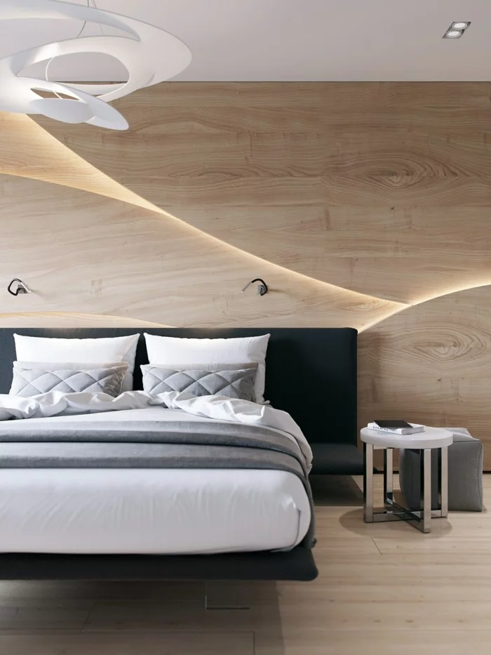 wandverkleidung holz schlafzimmer modern frisch schwarzes bettkopfteil