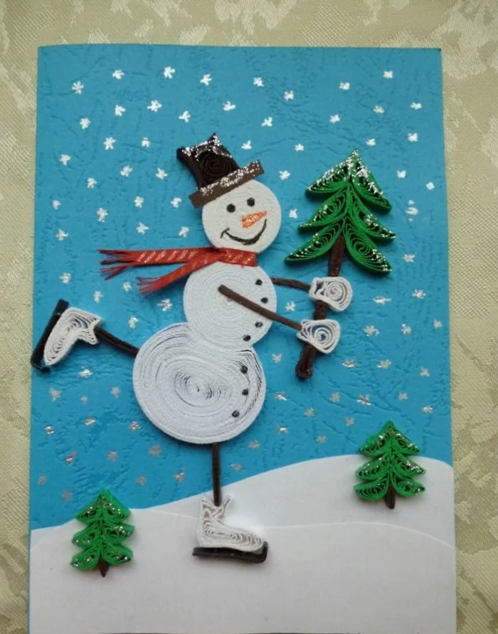 Weihnachtskarte selbst gestalten schneemann mit tannnebaum