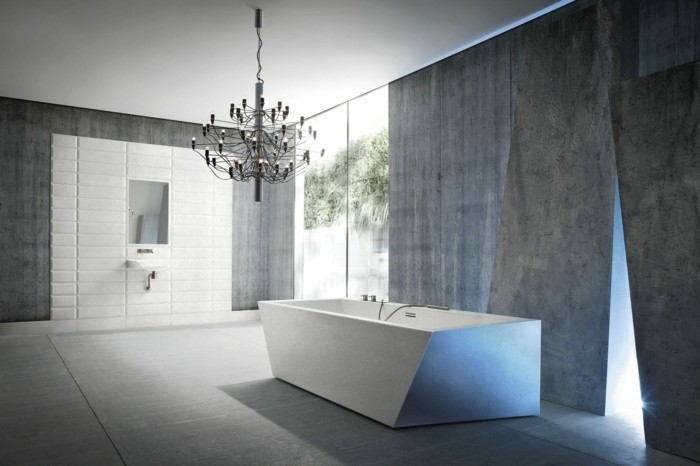 fugenloses bad modernees design grau weiß freistehende badewanne