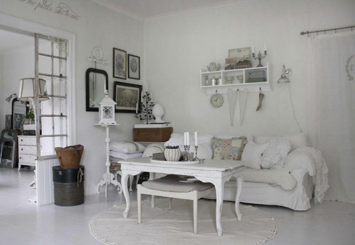 möbel shabby chic weißes wohnzimmer einrichten runder teppich