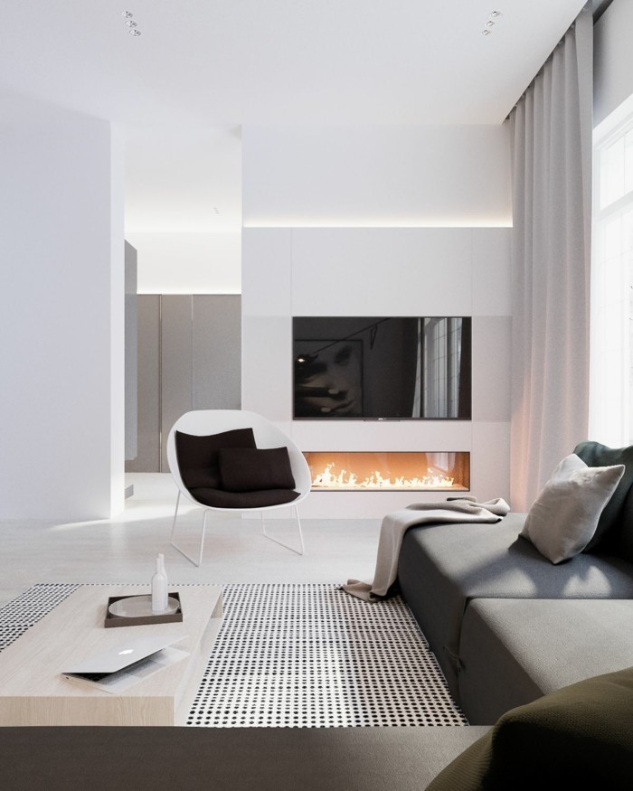 minimalistisch wohnen elegante wohnzimmereinrichtung feuerstelle schöner teppich