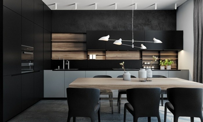 minimalistisch wohnen schwarze küchenschränke ausgefallener bodenbelag