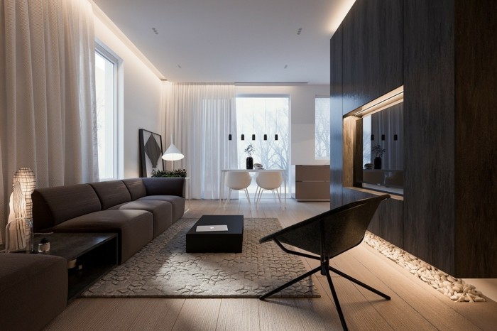minimalistisch wohnen schönes wohnzimmer gemütliche farben dunkle möbelstücke