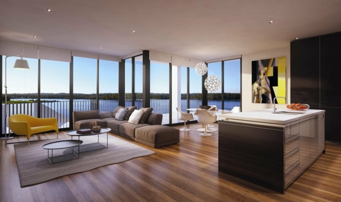 minimalistisch wohnen schönes wohnzimmer offener wohnplan panoramablick