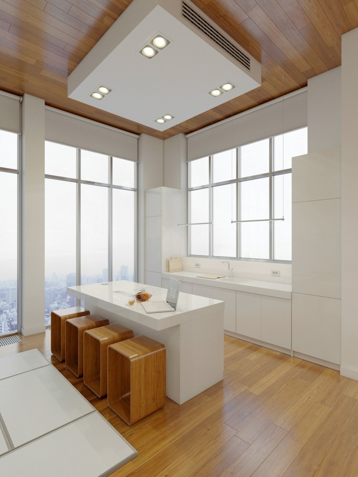minimalistisch wohnen weiße küche schöne sitzgelegenheiten