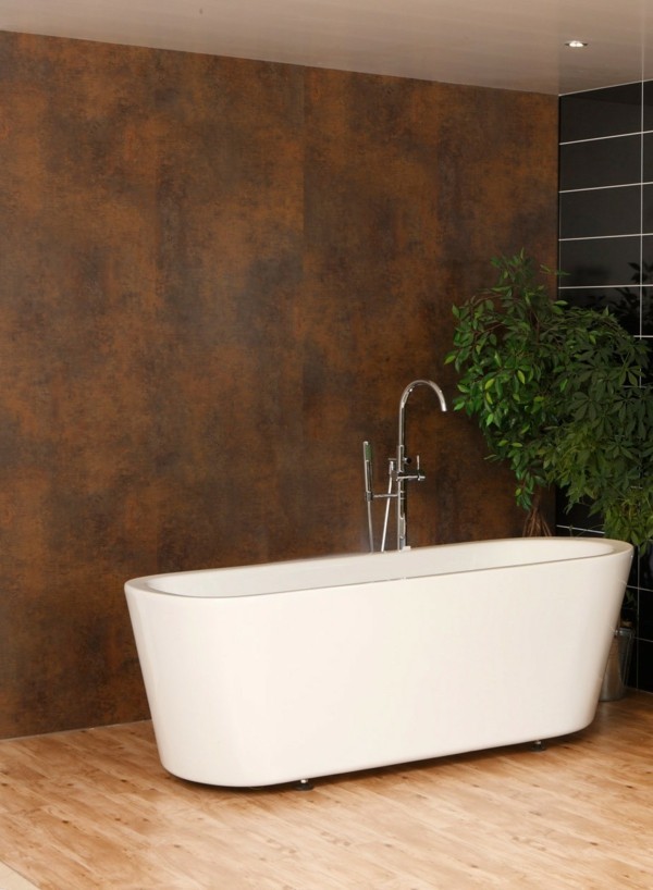 modern einrichten badezimmer akzentwand weiße badewanne pflanze