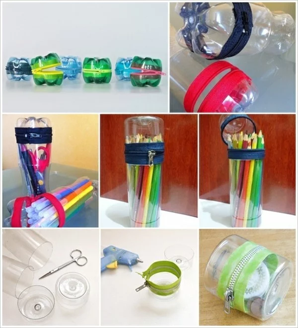 stiftehalter selber machen plastikflaschen reißverschluss schere kleber