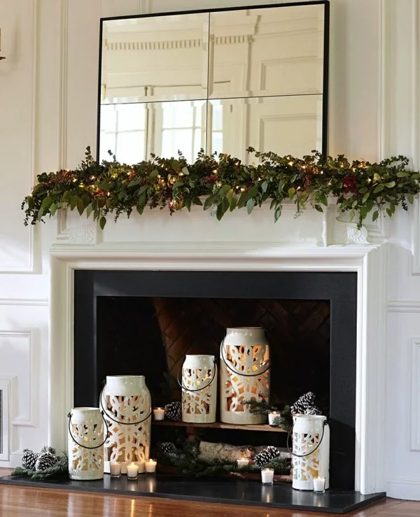 weihnachtskamin dekorieren deko girlande und spiegel