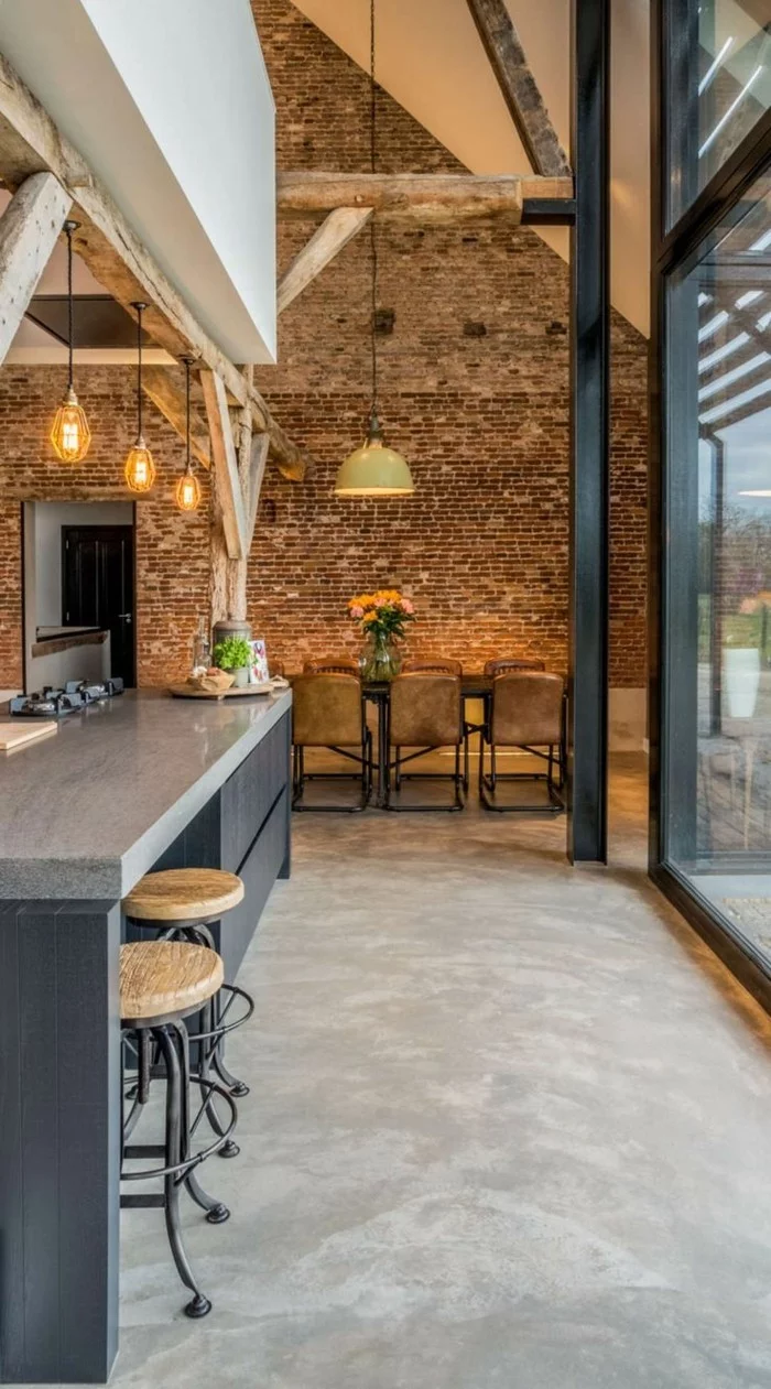 betonboden küche industrieller look graue küchenmöbel