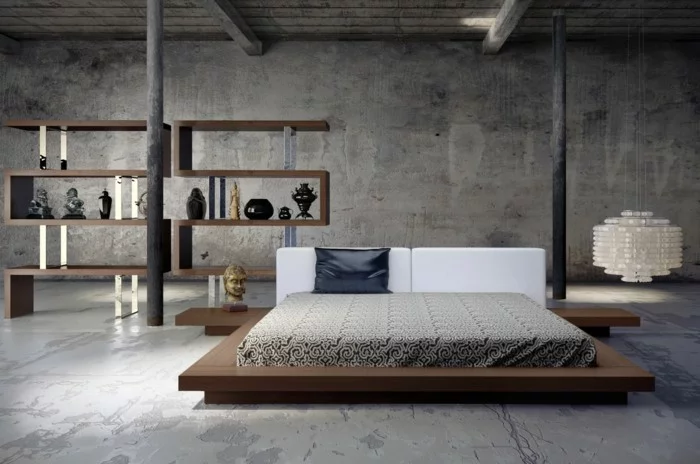 betonboden modernes schlafzimmer ausgefallene beleuchtung
