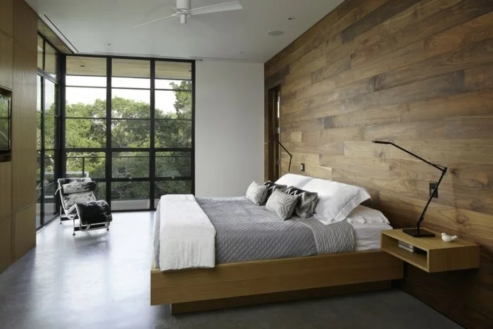 betonboden schlafzimmer wandverkleidung holz minimalistisch