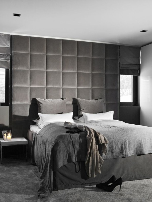 bett kopfteil gepolstert hohes design graues schlafzimmer teppichboden