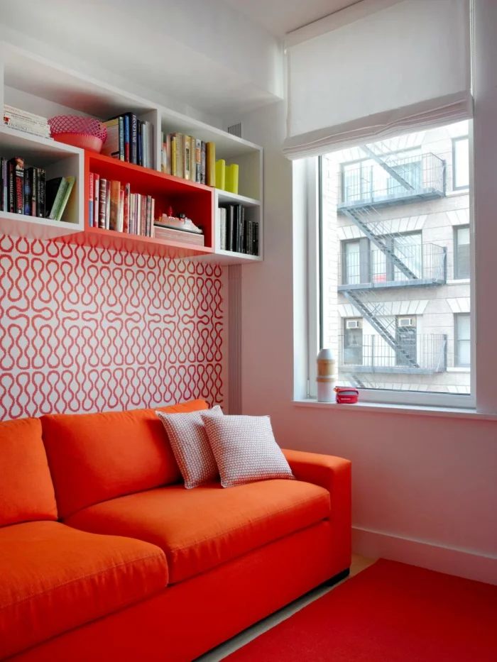 farbgestaltung tangerine trandfarbe muster schlafzimmer ideen fenster
