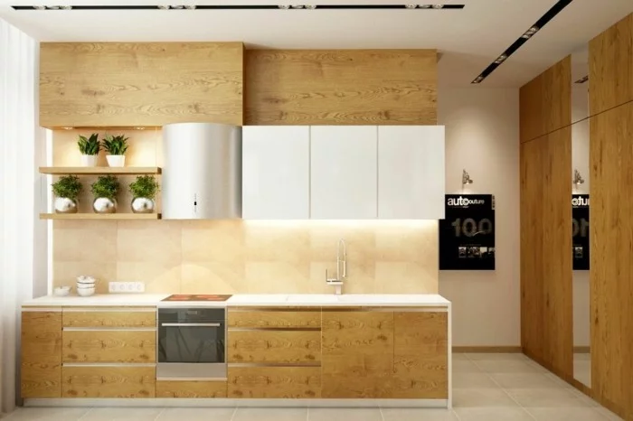 holzküche modernes design kleine küche helle bodenfliesen