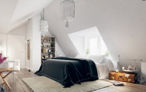 ideen schlafzimmer eklektisch schwarze bettdecke weißer teppich dachschräge